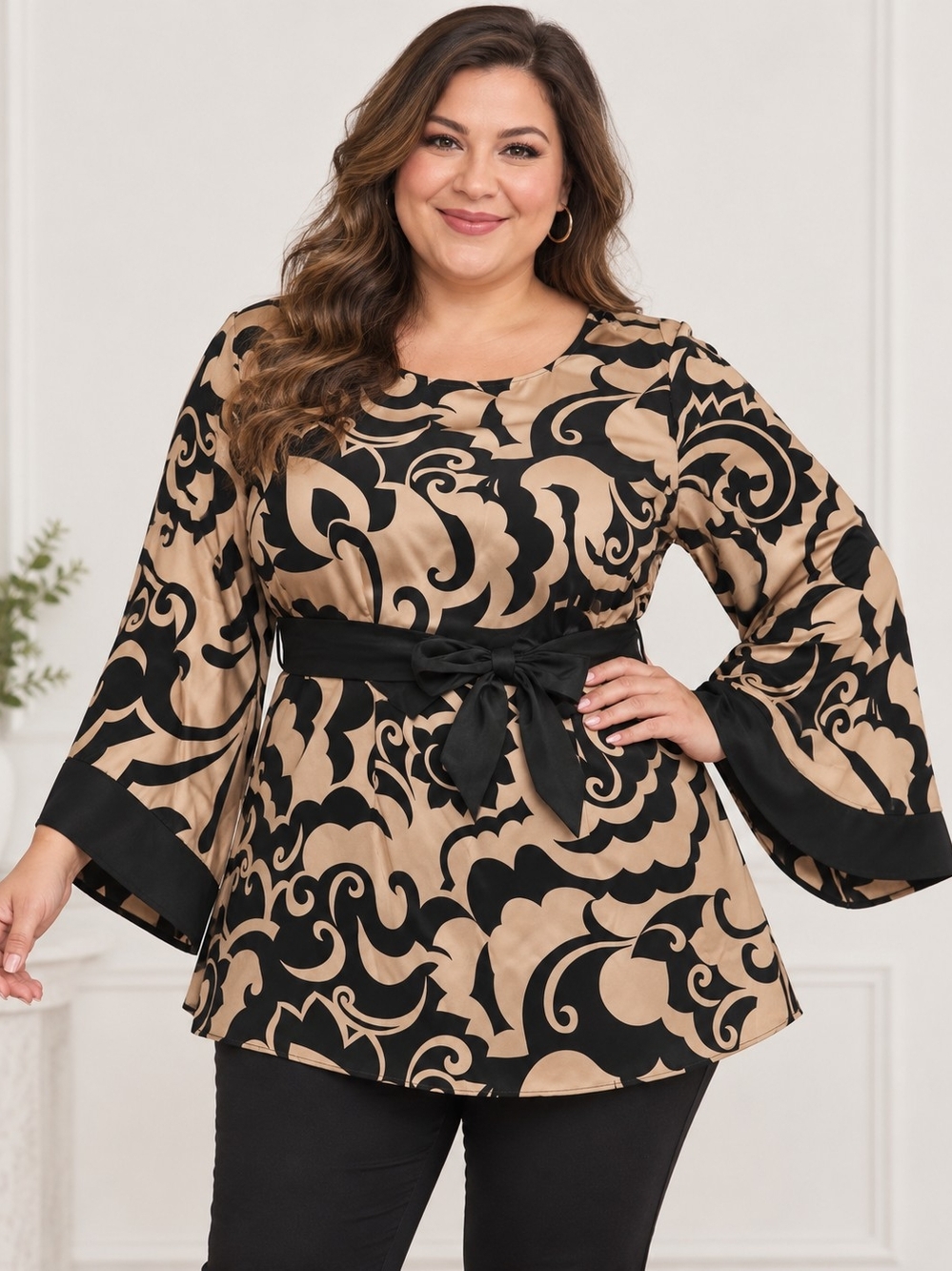 Dressbarn Woman 2X Plus Bell Sleeve Tunic Top Black Tan Sash Waist Made in USA